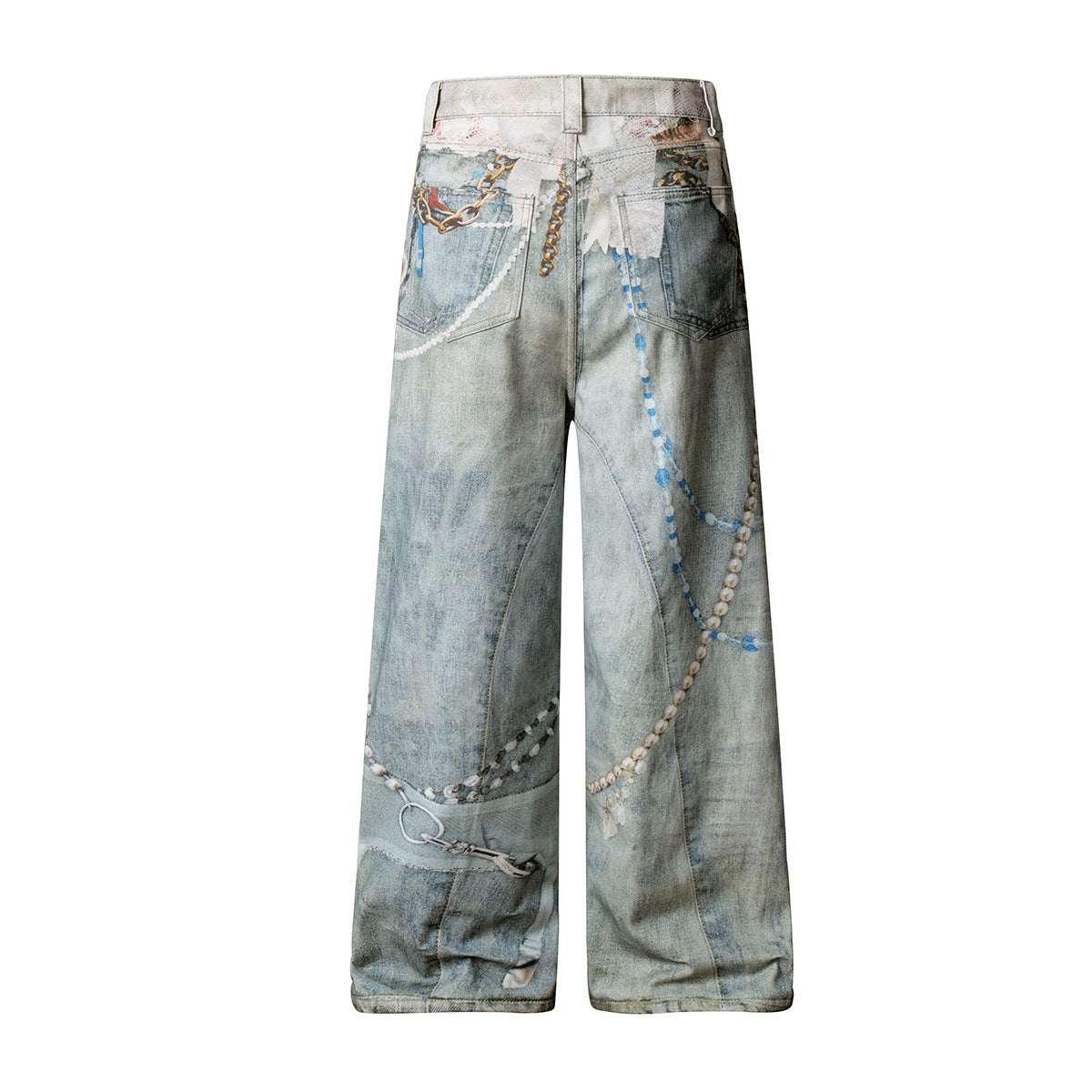 Premium Printed Washed Denim Pants with Loose and Wide Legs