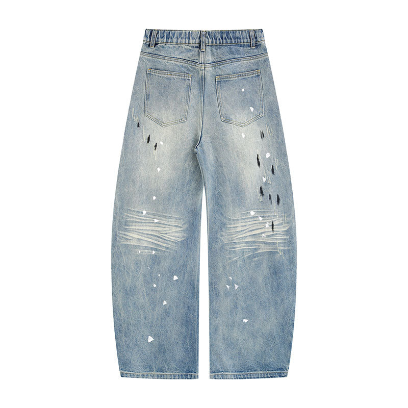 Slashed Denim Pants Water Washed Loose Straight Wide Leg Denim Trousers for Men