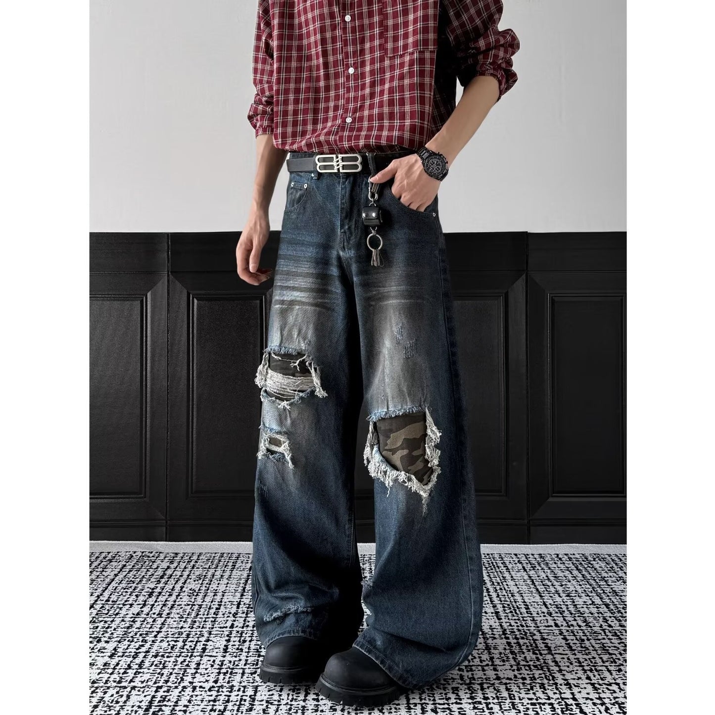 Retro Patch Distressed Camouflage Jeans for Men and Women