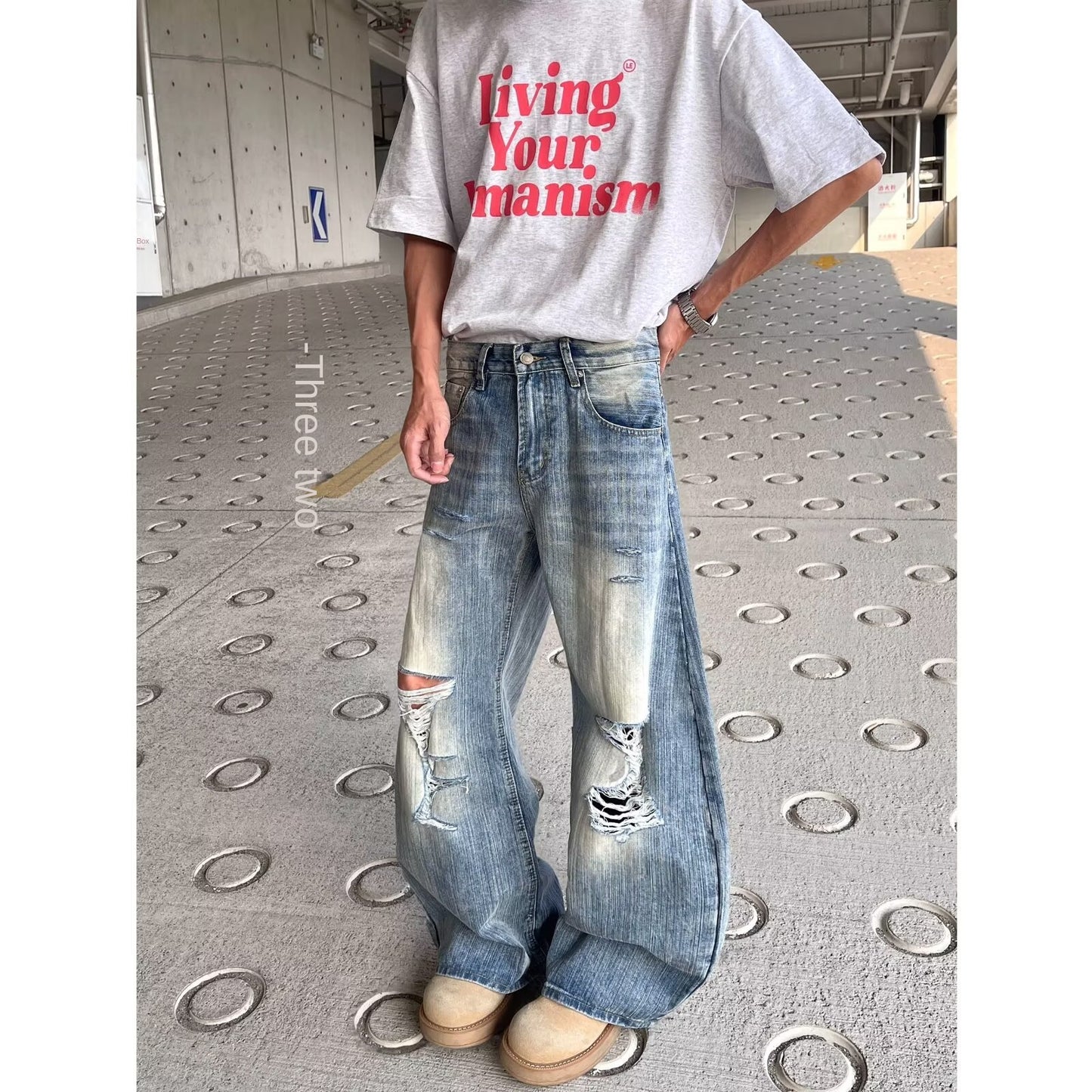 Broken Hole Distressed Denim Loose Fit Wide Leg Long Pants