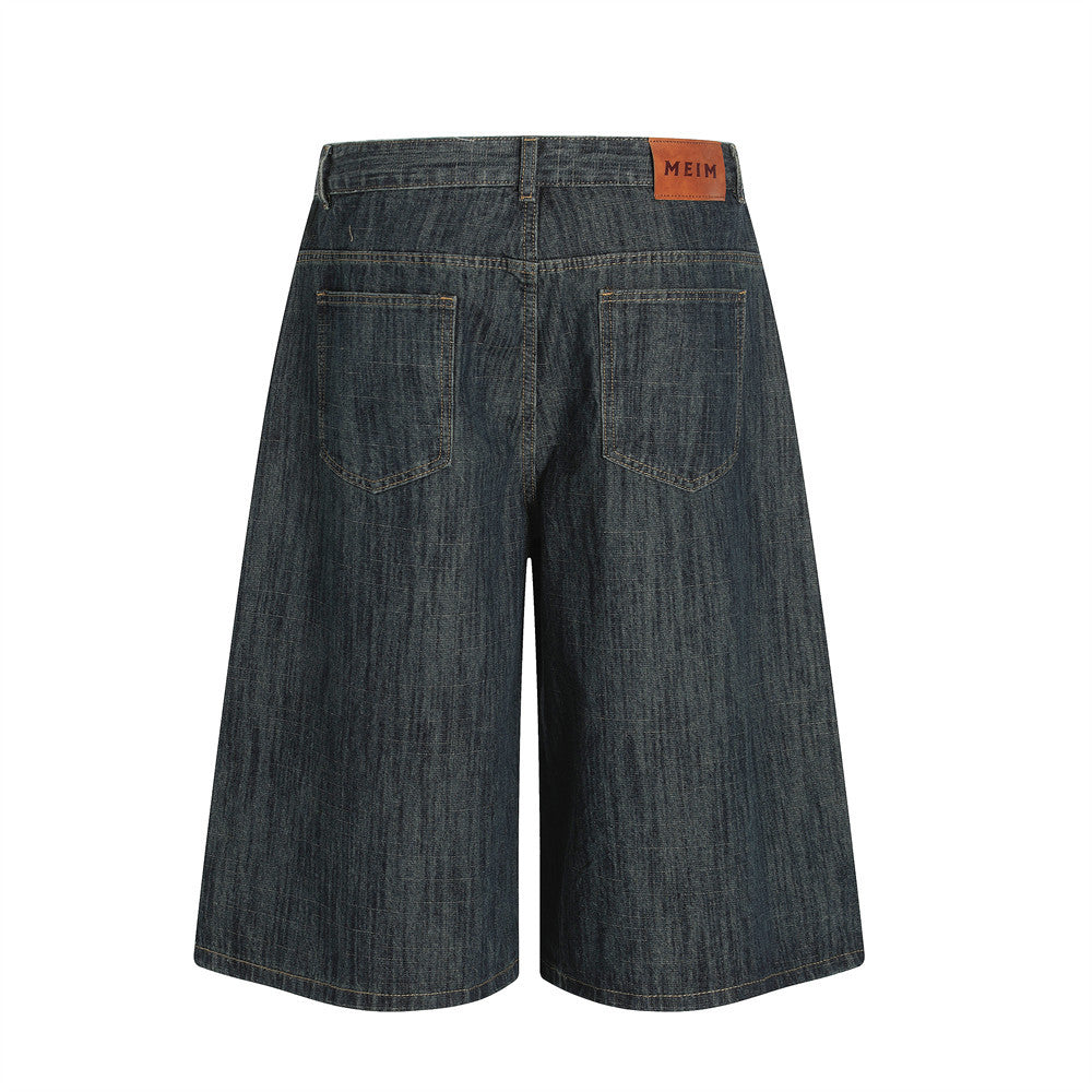 Men's Washed Denim Shorts - Versatile Mid-Length Loose Straight-Leg Design with Five-Pocket Style