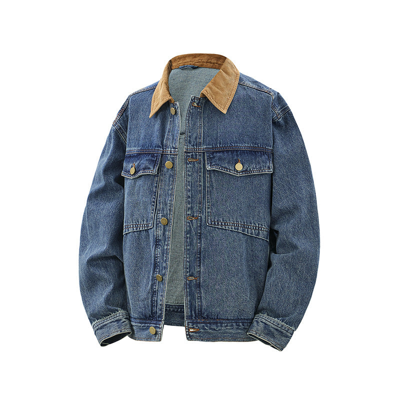 Color-blocked Turn-down Collar Loose  Denim Jacket