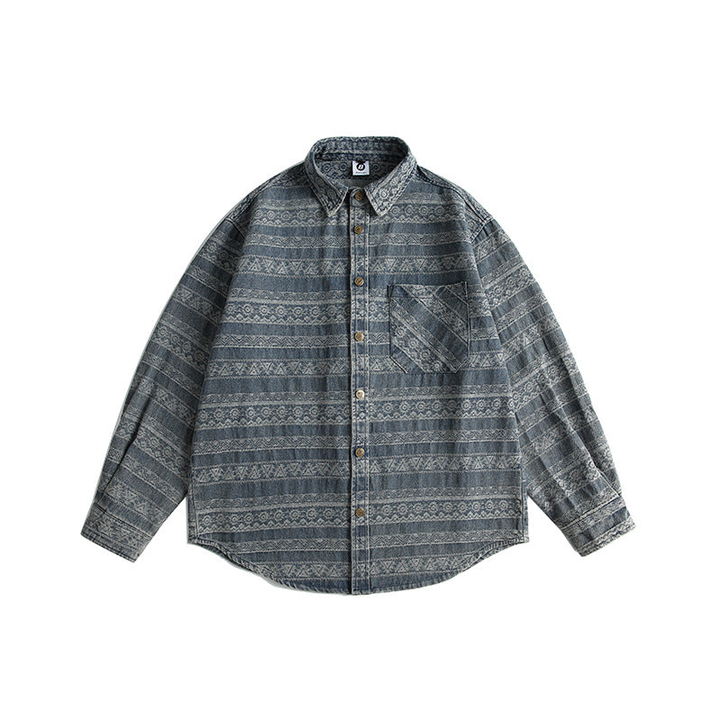 Striped Jacquard Long Sleeved Shirt Men's Distressed Washed Denim Shirt