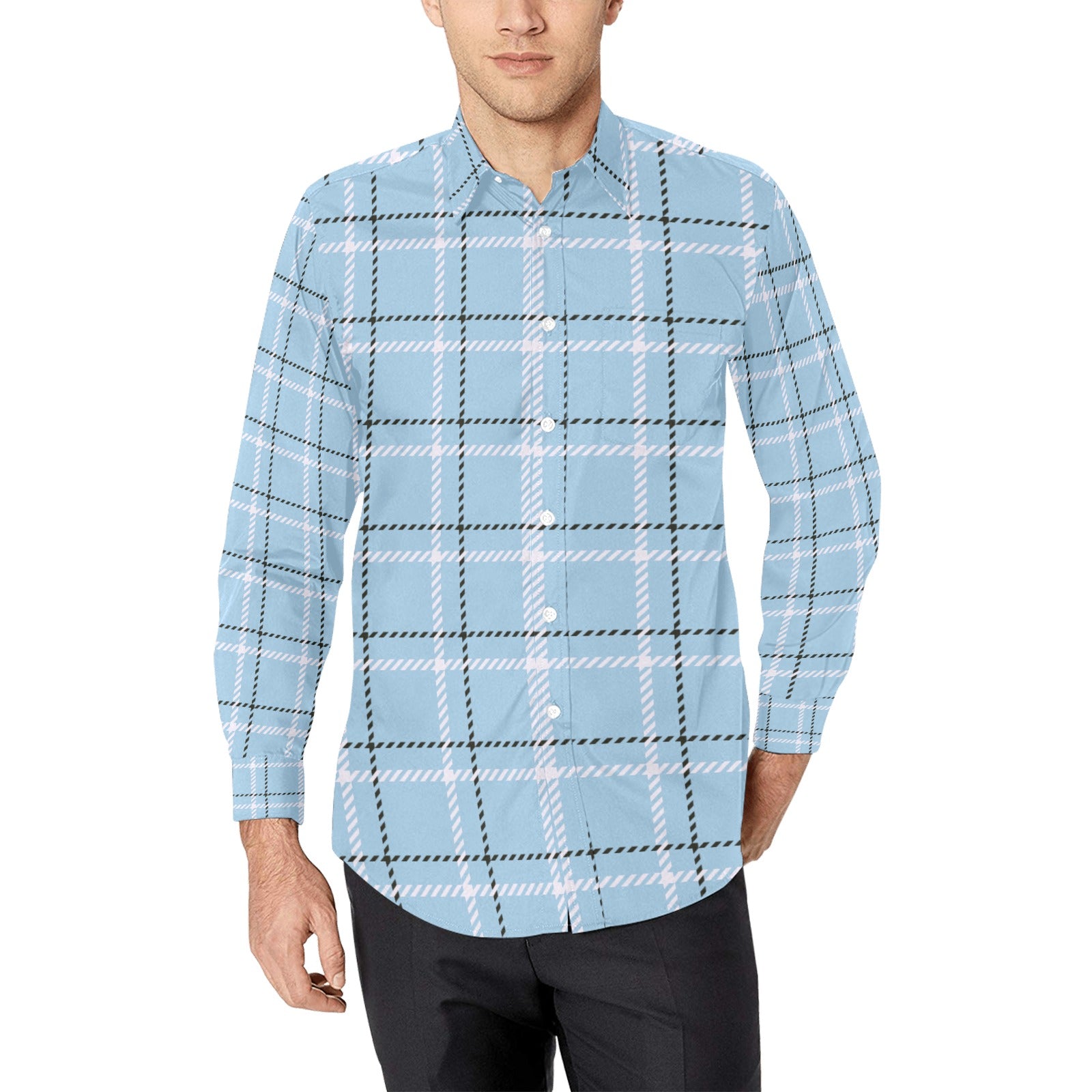 Light Blue Plaid Men's All Over Print Long Sleeve Shirt