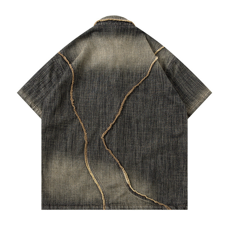 Washed Gradient Design Denim Short Sleeve Shirt