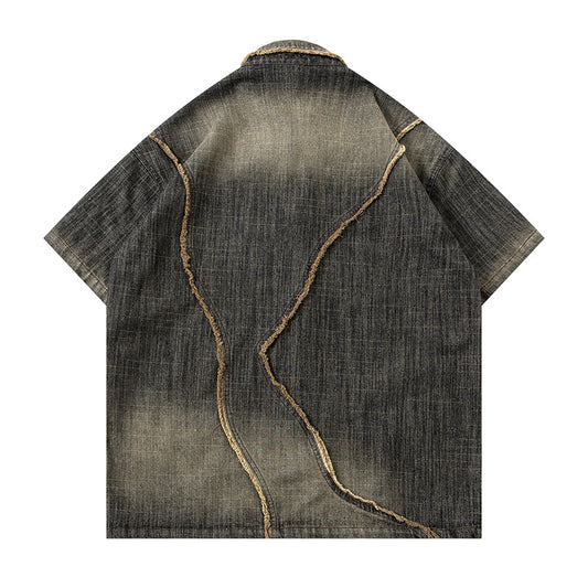 Washed Gradient Design Denim Short Sleeve Shirt