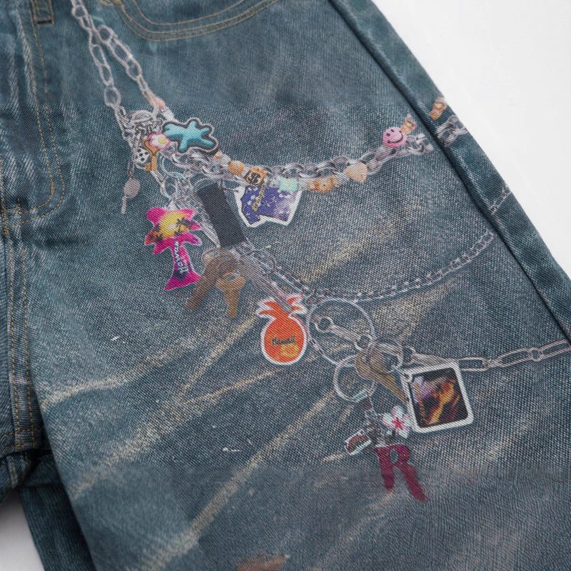 Unisex Printed Distressed Denim Pants - High Street Long Trousers for Summer