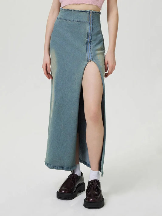 Premium Japanese Denim Skirt with Slit and Zipper