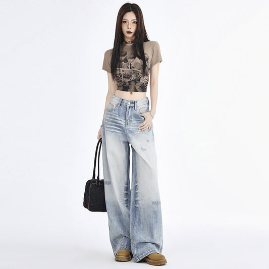 Silk Women's Distressed Light Gradient Scratched Retro Whitewashed Wide-Leg Jeans