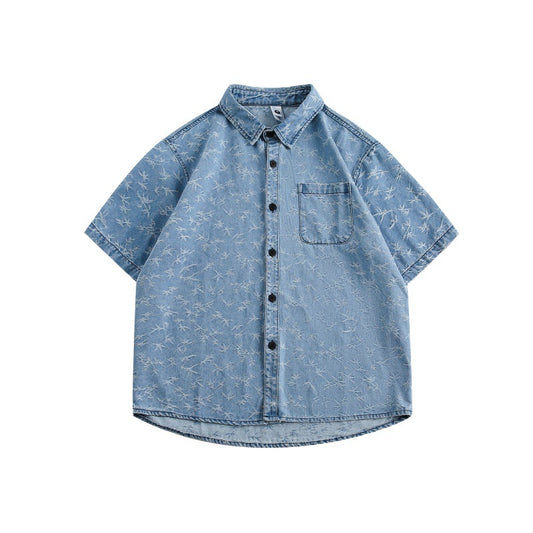Loose Washable Jacquard Denim Shirt with Patch Pocket Design