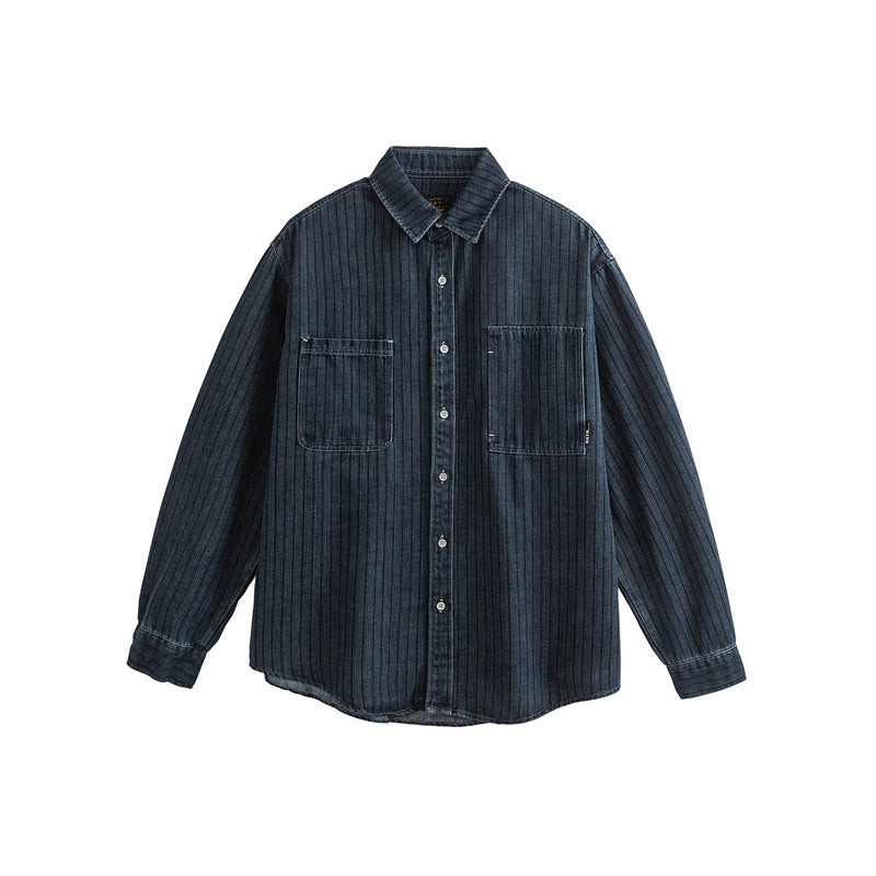 Washed and Worn Checkered Men's Denim Collar Shirt