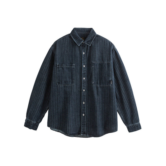 Washed and Worn Checkered Men's Denim Collar Shirt