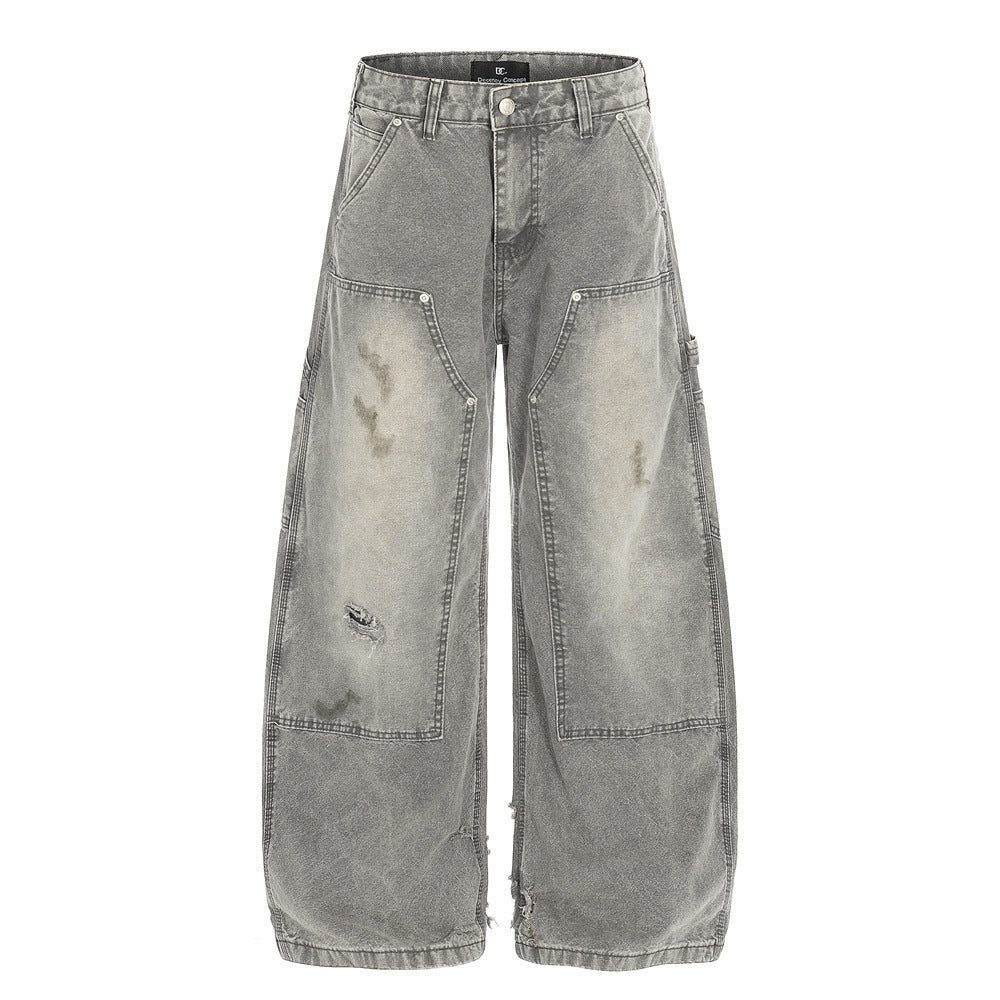 Street Style Men's Denim Pants, Distressed Dirty Knife Cut Design, Trendy Brand Loose Wide-Leg Versatile Men's Trousers