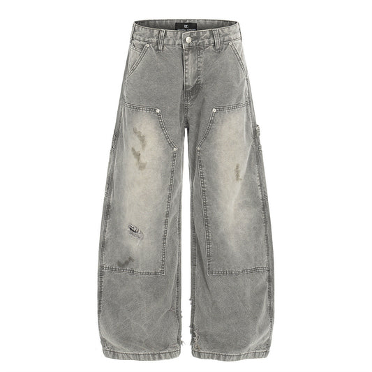 Street Style Men's Denim Pants, Distressed Dirty Knife Cut Design, Trendy Brand Loose Wide-Leg Versatile Men's Trousers