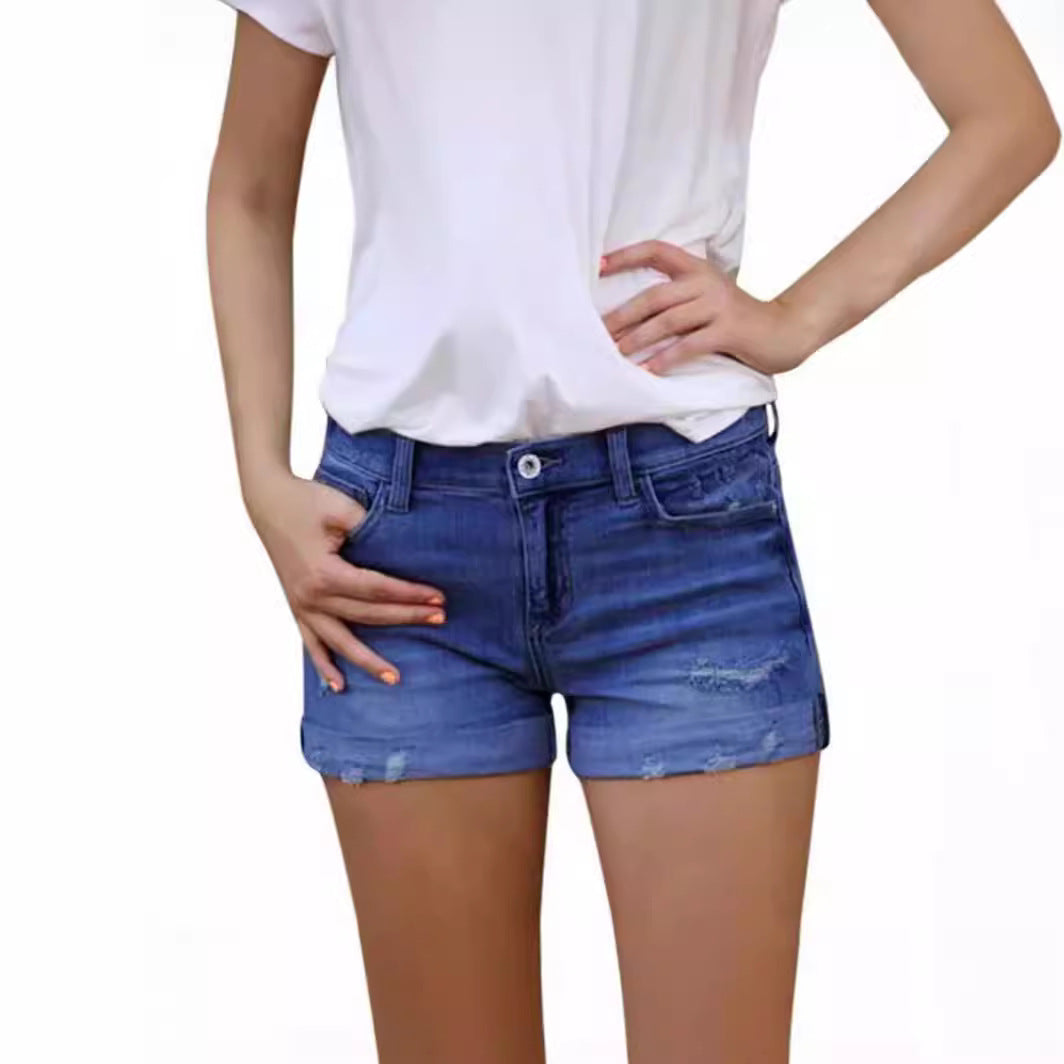 Stretch Slim Fit Ripped Tassel Denim Shorts for Women
