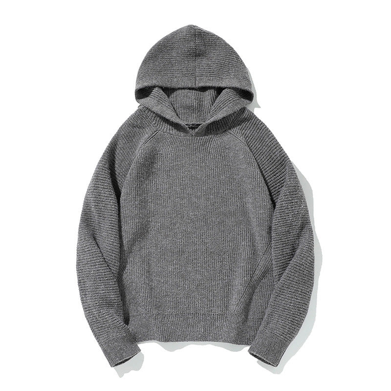 Simple Solid Color Hooded Ribbed Cuff Warm Casual Crewneck Sweater