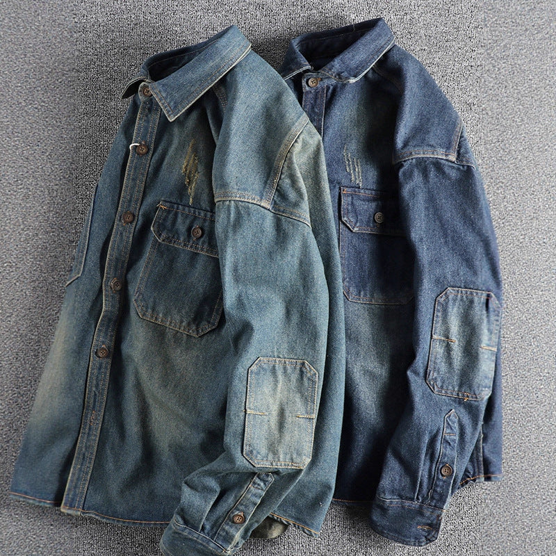 Sleeve Patchwork Vintage Washed Denim Shirt Loose Fit