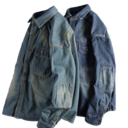 Sleeve Patchwork Vintage Washed Denim Shirt Loose Fit