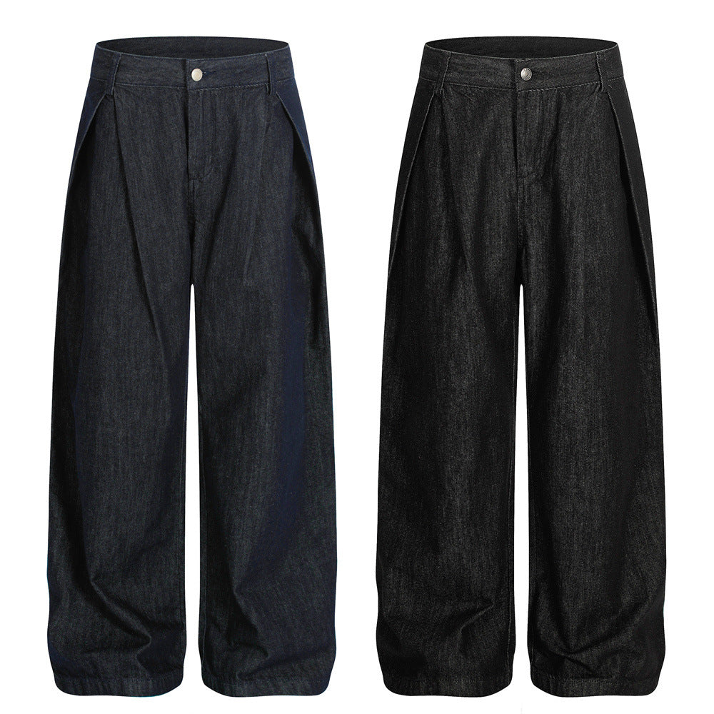 Vintage Men's Jeans, Pleated Wide-Leg  Brand Loose Straight-Leg Pants for Men