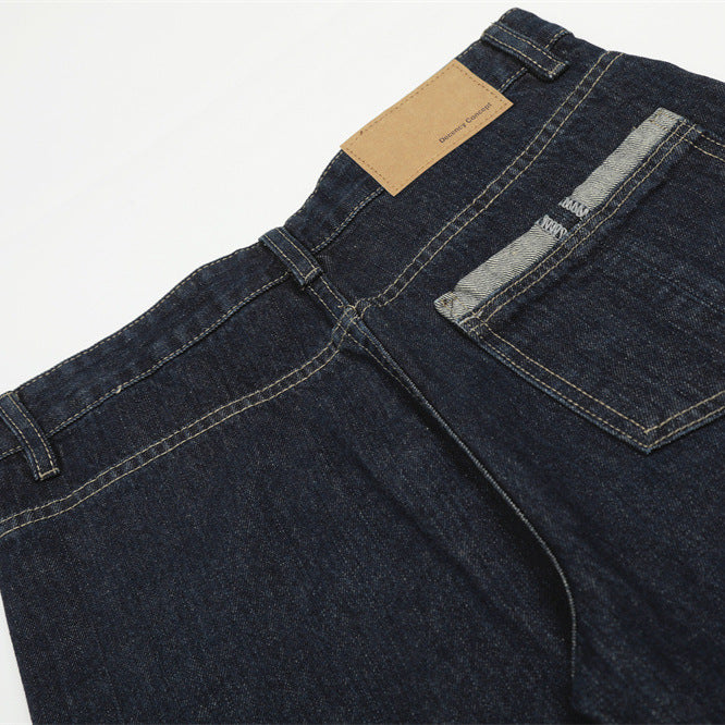 Men's Denim Pants with Visible Stitching and Knife Cut Design, Casual Loose Fit Wide Leg Jeans for Men