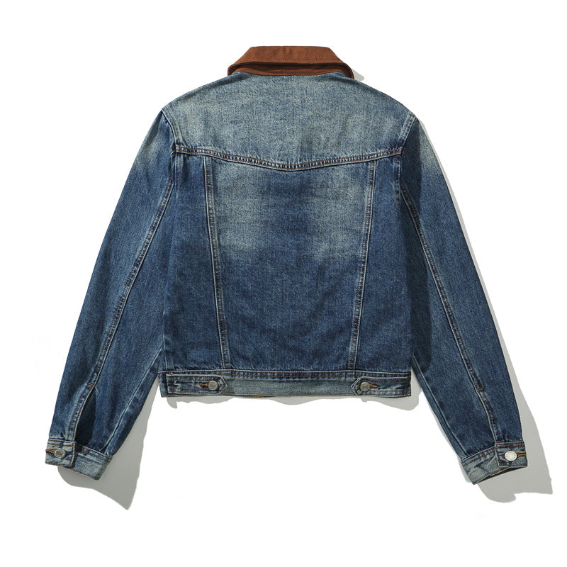 Versatile Suede Collar Washed Blue Loose Denim Jacket