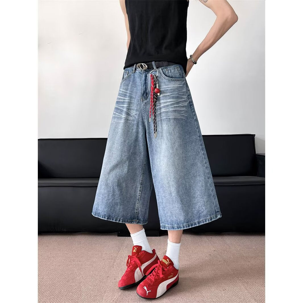 Grid Splicing Denim Seven Inch Loose Straight Tube Wide Leg Shorts