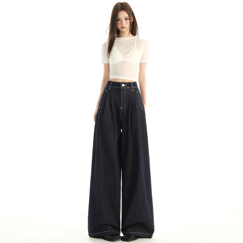 Women's Mint Blue High-Waisted Loose Pleated Denim Straight Leg Wide-Leg Pants