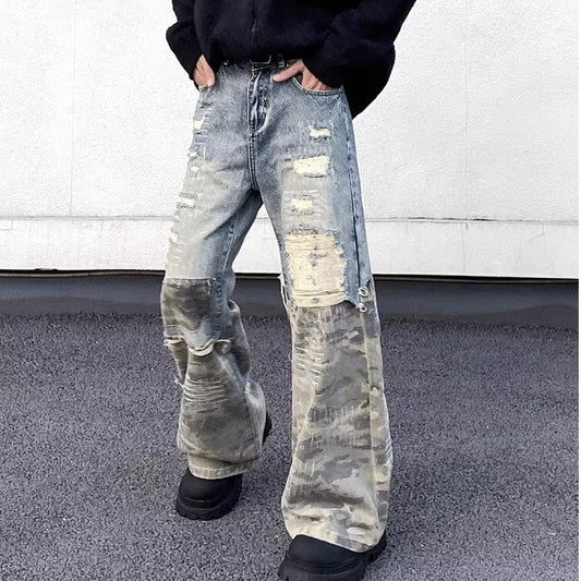 Retro Camouflage Fashion Destructive Micro Lacquer Work Clothes Jeans
