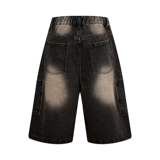 Washed Distressed Patchwork Whisker Pocket Denim Pants - Unisex Loose Fit