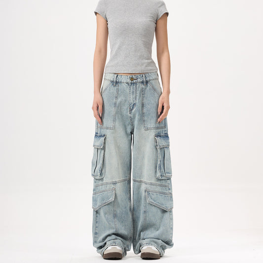 Light Wash Heavy Duty Cargo Denim Pants for Men and Women with Multiple Pockets