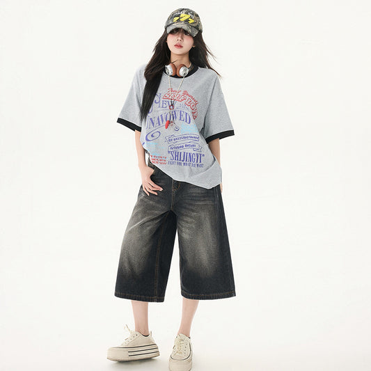 Women's Washed Seven-Quarter Denim Pants - Loose Straight Wide-Leg Mid-Length Trousers