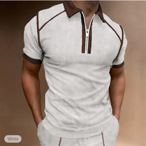 Men's Color Matching Short Sleeve Polo Shirts with Zipper