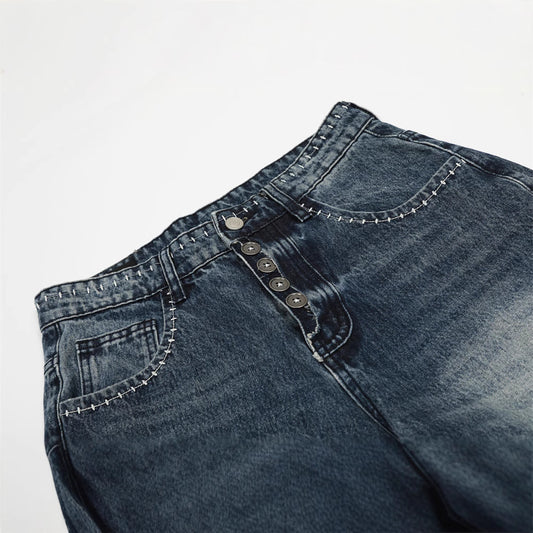 Retro Men's Jeans, Distressed White Catwhisker Straight Leg,  Casual Loose Fit Pants