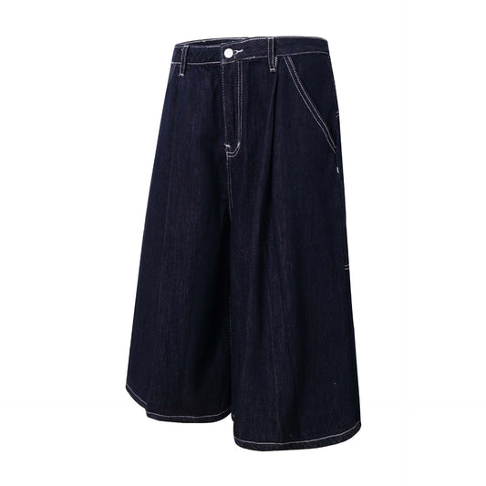 Unisex Loose Wide-Leg Stitched Denim Shorts - Premium Streetwear
