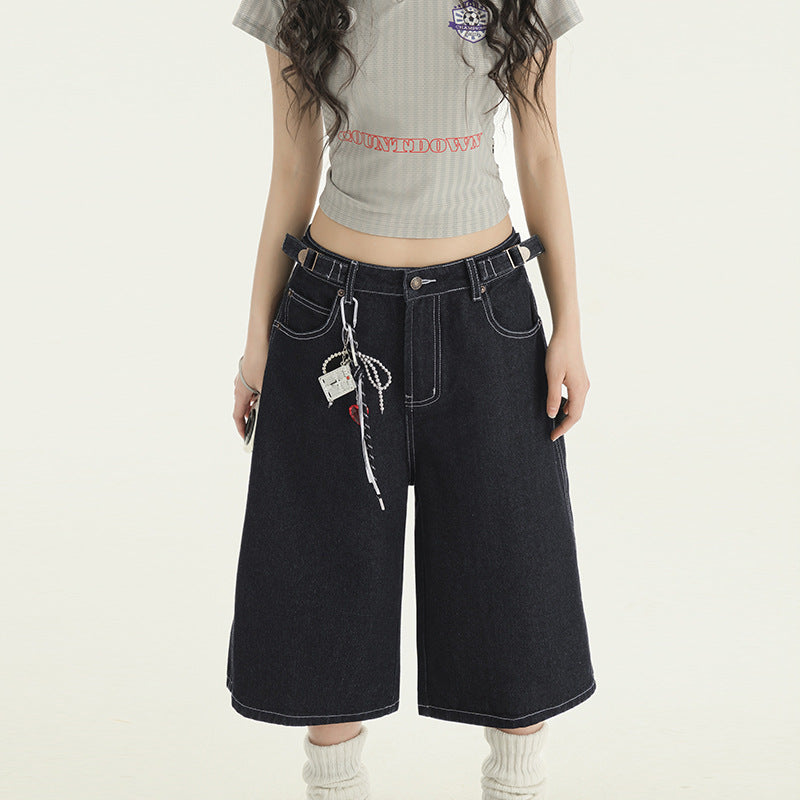 Women's Wide Leg Denim Capri Pants - Summer Loose Drape Trousers