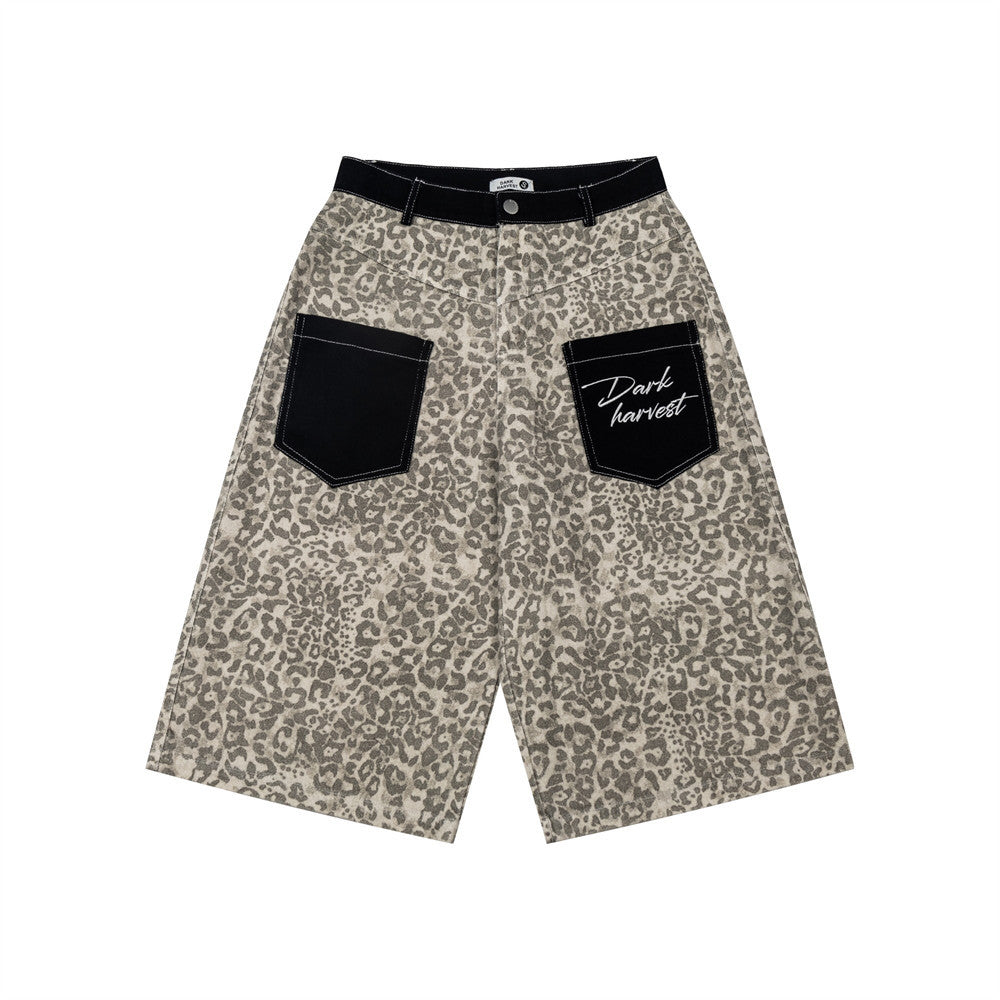 Leopard Embroidered Mid-Rise Denim Shorts — Apricot & Black
