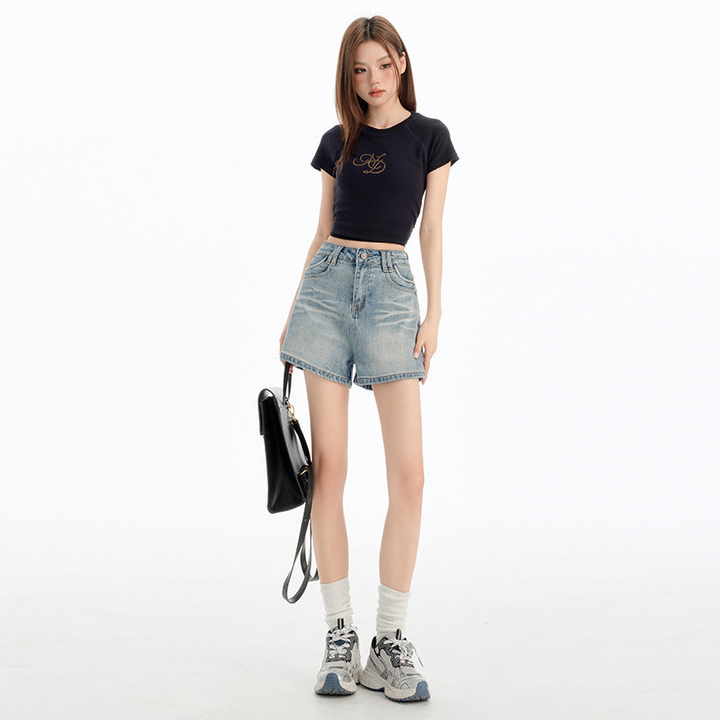 Women's Retro Slimming A-line Butt-lifting Black and Gray Denim Pants