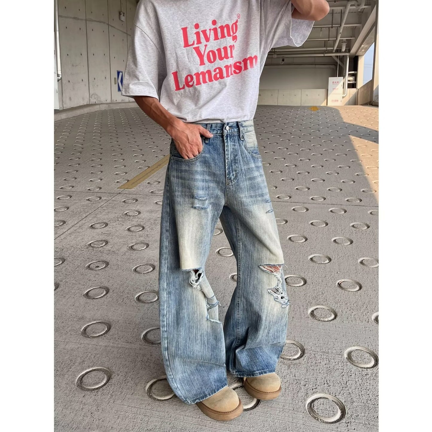 Broken Hole Distressed Denim Loose Fit Wide Leg Long Pants
