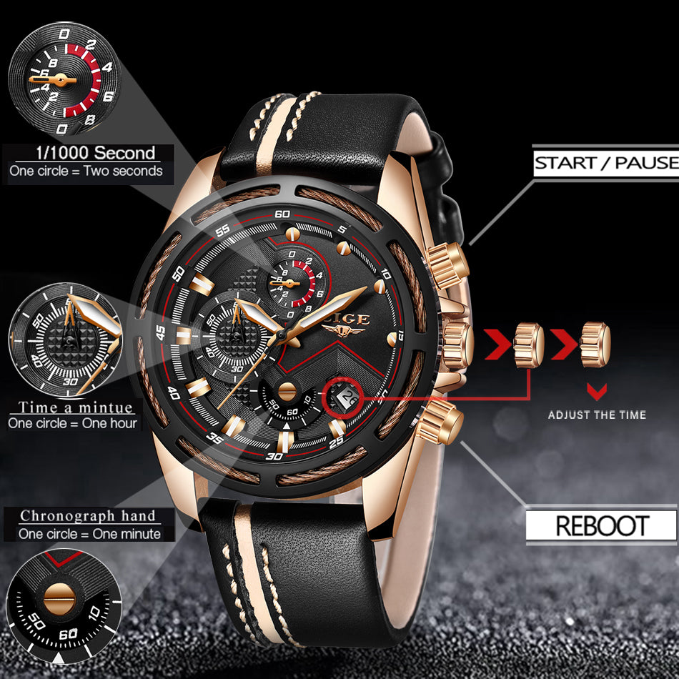 Men's Luxury Gold Waterproof Sport Quartz Watch with Leather Band
