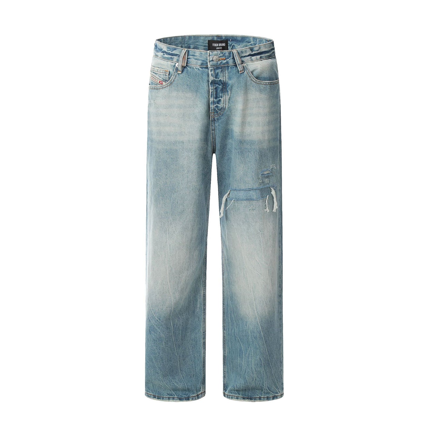 Premium Blue Denim Pants for Men and Women - Knife-Cut Destruction, Water Washed, Wide-Leg Casual Trousers
