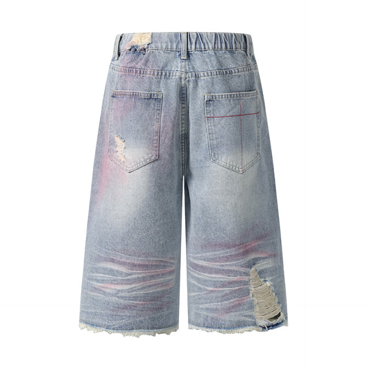 Men's Distressed Denim Shorts – Casual Mid-Length Wide-Leg Trousers with Premium Japanese Craftsmanship