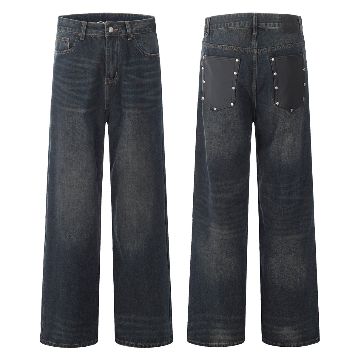 Water-Washed Distressed Loose Wide-Leg Rivet Punk Casual Long Pants