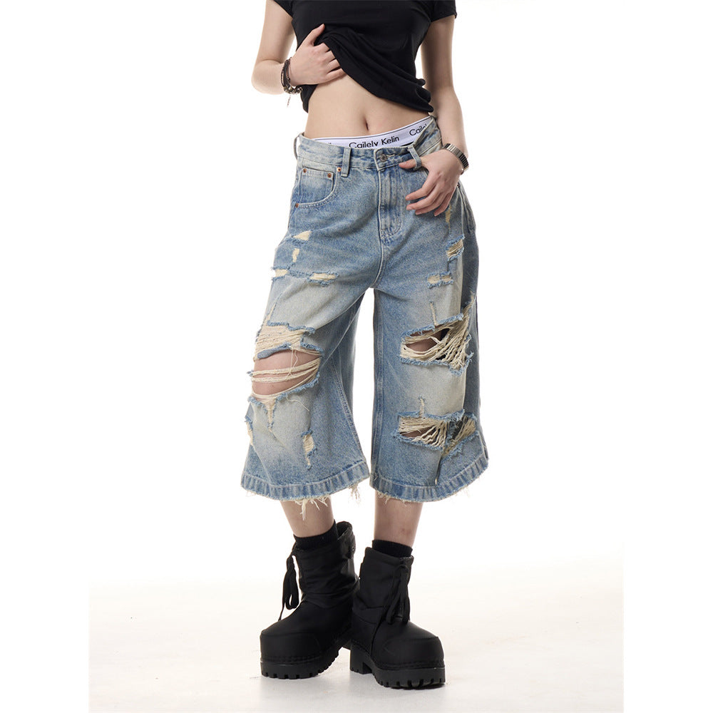 Summer Ripped Thin Cropped Pants in Blue Denim