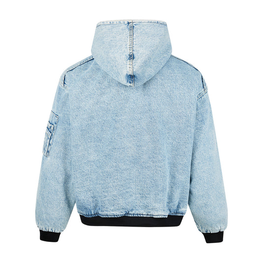 Rabbit Fur Mountain Carving Denim Blue Snowflake Pattern Jacket