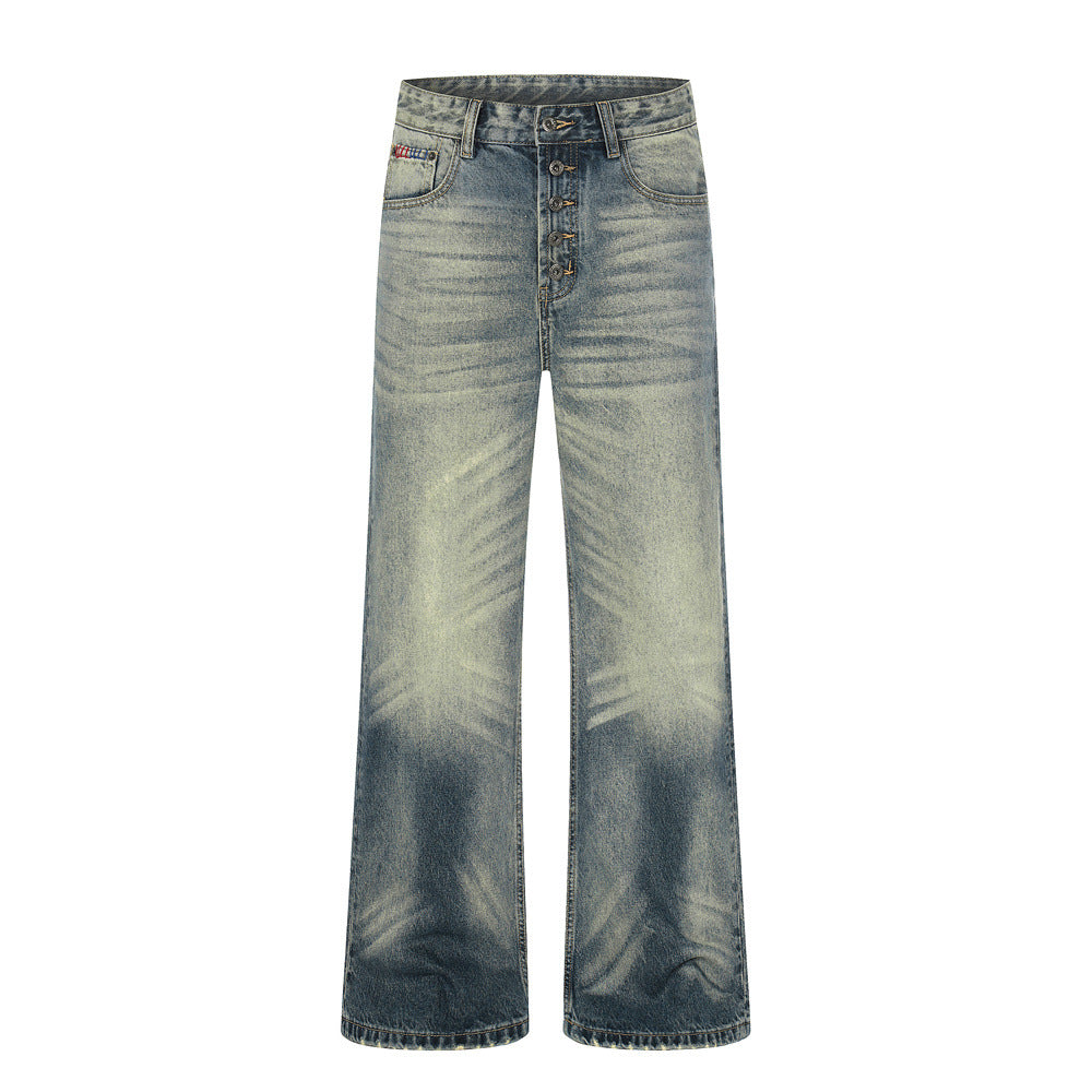 Washed Gradient Denim Pants — Mid Rise Straight Leg Jeans