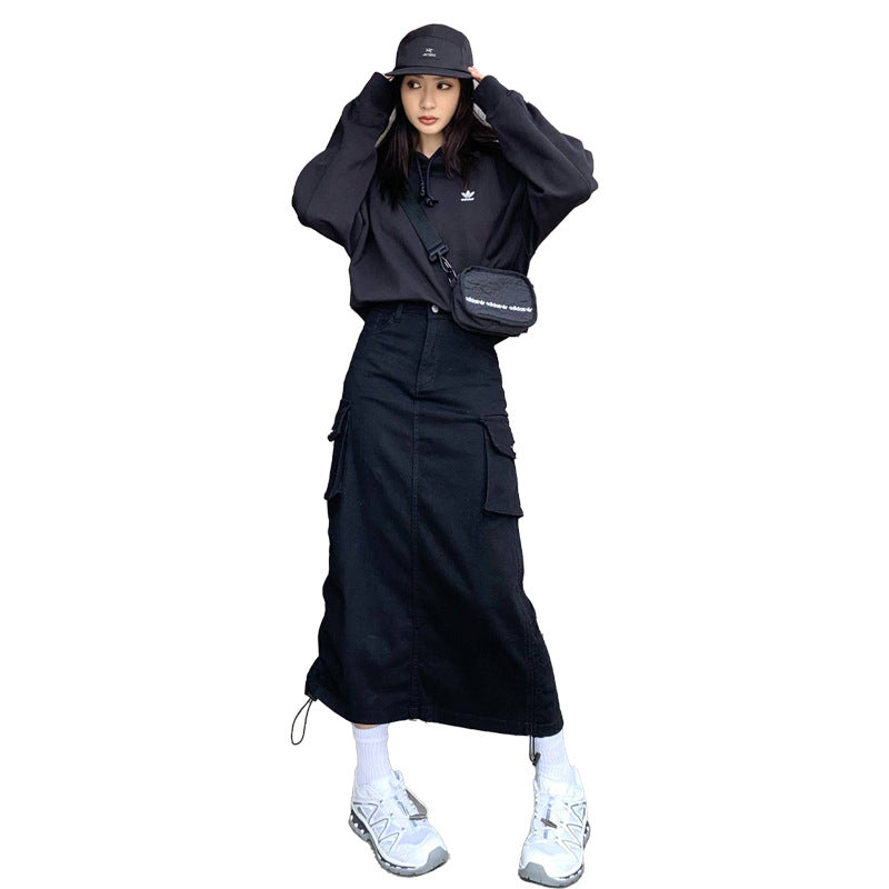 Workwear Pocket Denim A-Line Skirt with Adjustable Drawstring Length for Women