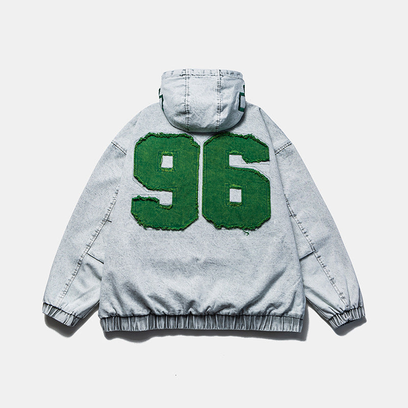 Men's Washed Denim Jacket -  Hooded Design with Patch Embroidery