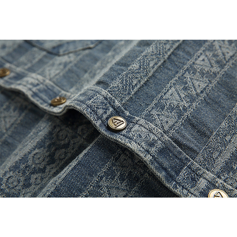 Striped Jacquard Long Sleeved Shirt Men's Distressed Washed Denim Shirt