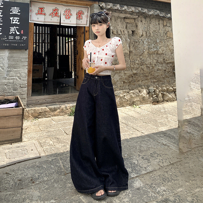 Women's High-Waist Blue Wide-Leg Denim Pants