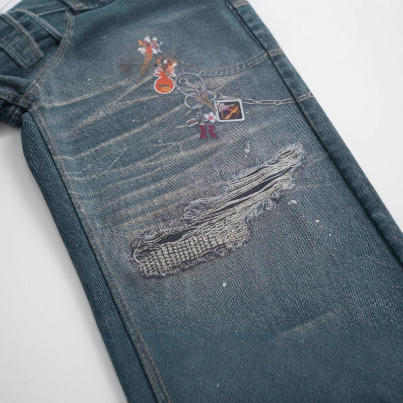 Unisex Printed Distressed Denim Pants - High Street Long Trousers for Summer